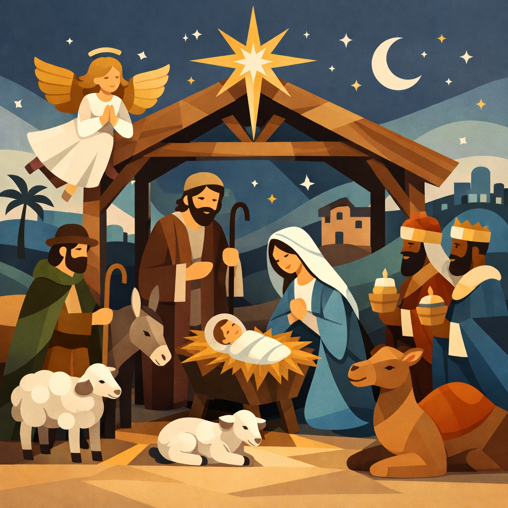 Minimalistische kerststal met sterrenhemel